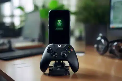 Un iPhone y un control de Xbox en un escritorio moderno.