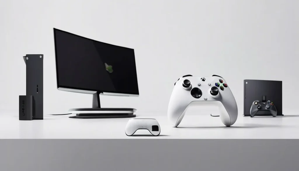 Un control de Xbox y un dispositivo Apple en una mesa moderna.