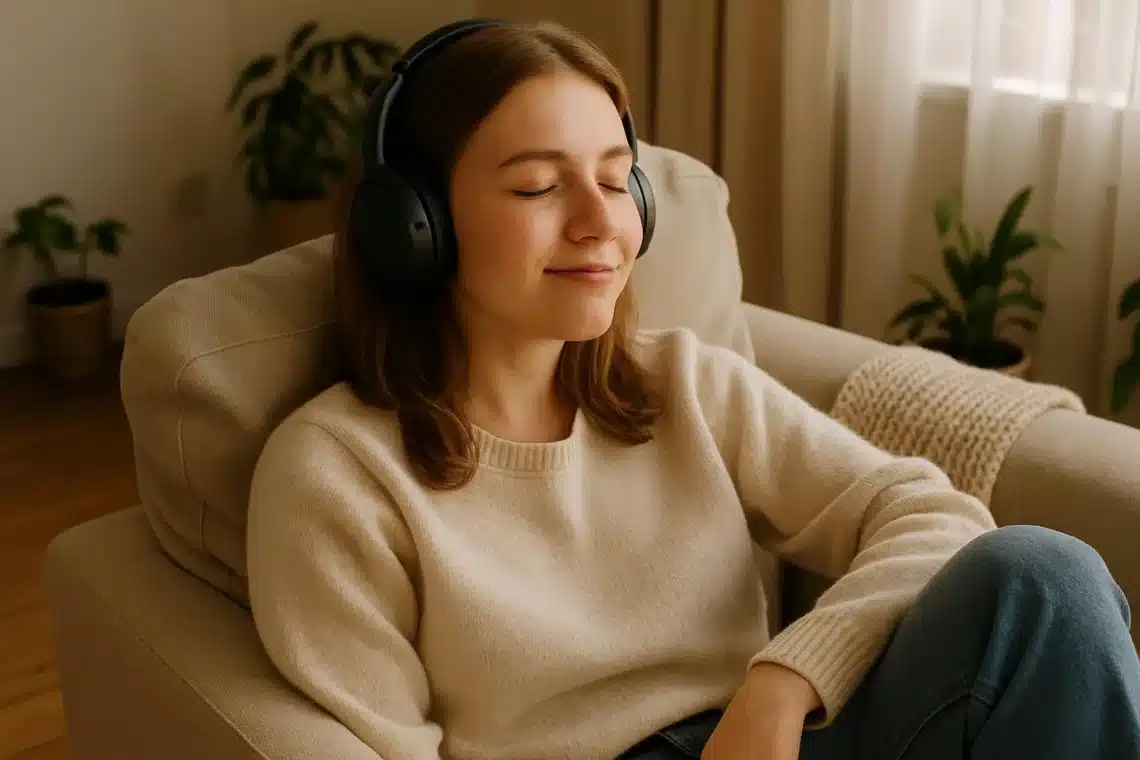 Una joven relajada escucha música en un sofá cómodo.