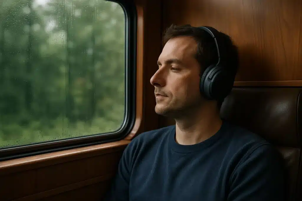 Una persona reflexiona en un tren, escuchando música tranquilamente.