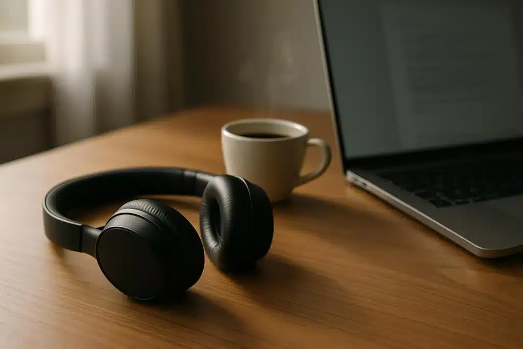 Una estación de trabajo minimalista con auriculares, laptop y café.