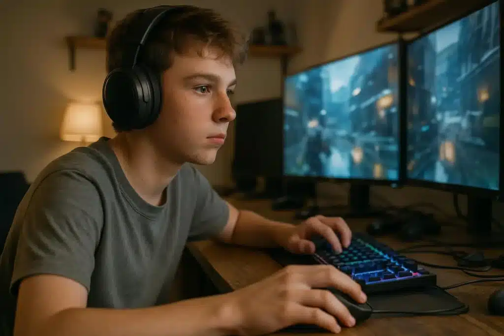 Un adolescente concentrado juega videojuegos en su escritorio lleno de equipos.