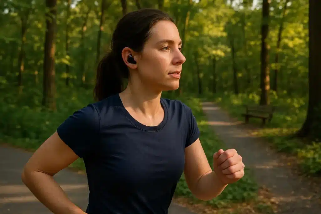 Mujer atlética corre por un sendero en un parque.